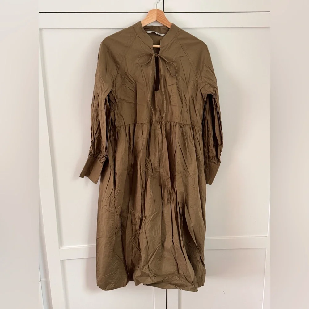 Olive 100% Cotton Midi Dress - A Bronze Age M - Picture 3 of 5